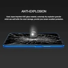 A sphere is shown impacting a cracked phone screen, illustrating the screen protector's anti-explosion feature