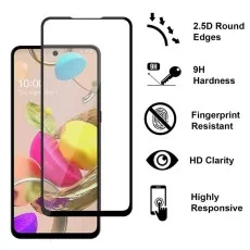 Visual representation of a phone screen protector's benefits, including durability and clarity for LG K41S.