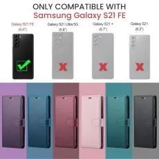 Compatibility guide for Samsung Galaxy S21 FE Wallet Case – fits only 6.4 S21 FE model, not compatible with S21, S21+, or S21 Ultra