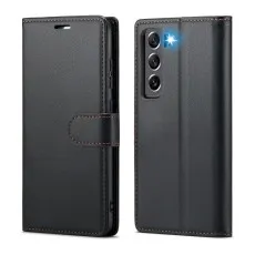 Black PU Leather Wallet Case for Samsung Galaxy S21 FE with magnetic closure and precise camera cutout – front and back view