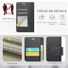 Inside view of Samsung S21 FE Wallet Case showing RFID blocking layer, 3 card slots, cash pocket, high-quality leather texture, and magnetic clasp