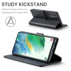 Samsung Galaxy S21 FE leather wallet case in kickstand mode, showcasing hands-free viewing for videos and movies, with durable stitching and a secure magnetic flip design