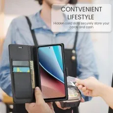 Samsung Galaxy S21 FE wallet case with hidden card slots, displaying convenient storage for cash and cards during a payment transaction at a counter