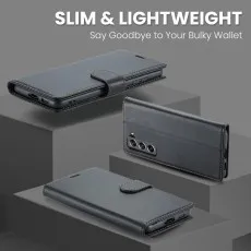 Slim and lightweight Samsung Galaxy S21 FE PU leather wallet case shown closed from different angles, highlighting the sleek design and camera cutouts with magnetic closure