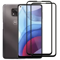 A dark gray Motorola smartphone displayed with two clear screen protectors for its front