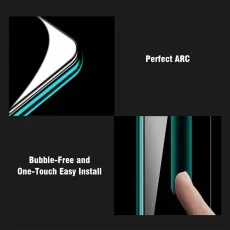 A collage highlights screen protector features perfect arc, bubble-free, and easy install