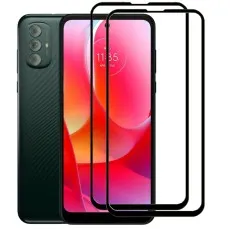 Motorola G Power 2022 smartphone with two black edge tempered glass screen protectors