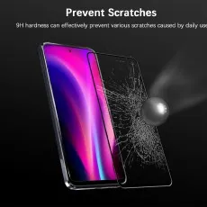 A cracked screen protector next to a phone with a pristine screen, highlighting 9H scratch resistance