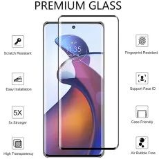 A phone with a Premium Glass screen protector, detailing its features