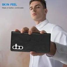 Samsung Galaxy S23 FE black PU leather wallet case displayed in hand, highlighting its comfortable, premium leather texture