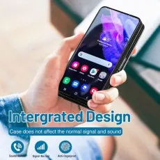 Samsung Galaxy S23 FE in a PU leather wallet case held in hand, showcasing integrated design that maintains normal signal, sound quality, and resists fingerprints