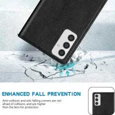 Samsung Galaxy S23 FE wallet case demonstrating enhanced fall prevention with reinforced corners and shockproof protection on a hard surface