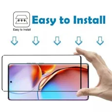 A smartphone and screen protector with arrows showing Easy to Install instructions