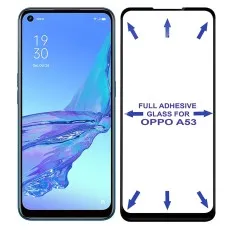 A blue OPPO A53 phone displays the time and date beside a screen protector with FULL ADHESIVE GLASS FOR OPPO A53 text and arrows