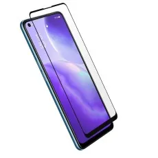 A phone with a vibrant purple screen and a black-edged screen protector