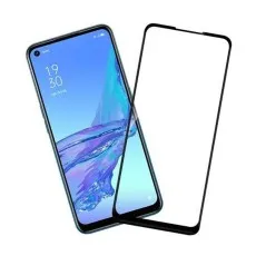 A blue OPPO smartphone next to a clear screen protector, isolated on a white background