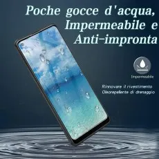 A smartphone screen with water droplets, highlighting its waterproof and anti-fingerprint features