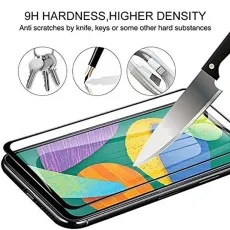A phone with a screen protector is shown with a knife, keys, and a pen to demonstrate its 9H hardness