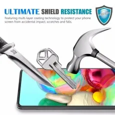 A phone with a screen protector is shown with a knife, key, and hammer to demonstrate its Ultimate Shield Resistance