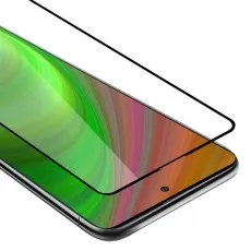 A black-bordered screen protector angled above a smartphone screen with abstract colorful wallpaper