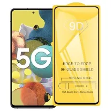 A black 5G smartphone next to a yellow 9D Glass Shield screen protector