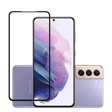 A lilac Samsung Galaxy S21 FE 5G smartphone, front and back, with two black-edged tempered glass screen protectors