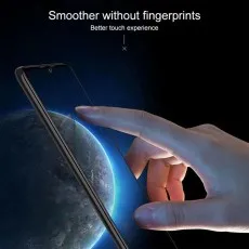 A screen protector on a smartphone with a finger touching it, emphasizing a Smoother without fingerprints experience