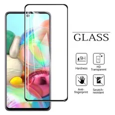 A smartphone and its glass screen protector with icons for 9H Hardness, HD, anti-fingerprint, and scratch-resistant features