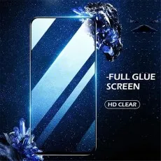 A full glue HD clear screen protector for a smartphone, with a dark blue background and abstract elements