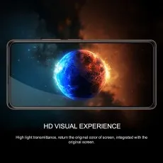 A smartphone displays a vibrant planet image, illustrating an HD Visual Experience with high light transmittance