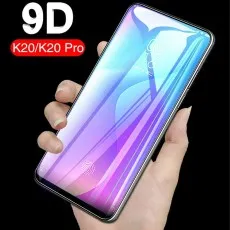 A hand holding a K20K20 Pro phone with a 9D screen protector, showing a colorful display and fingerprint icon