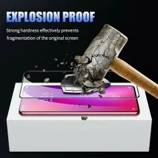 A smartphone with an EXPLOSION PROOF screen protector, shown with a shattered hammer above it
