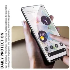 Hand touching a Google Pixel 6 Pro with 9D screen protector..