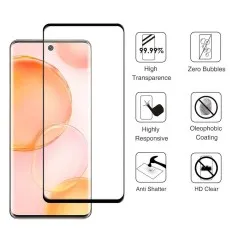 A smartphone and screen protector with icons for high transparency, zero bubbles, responsiveness, oleophobic coating, anti-shatter, and HD clear