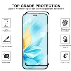 A 9H tempered glass phone screen protector with features like dust protection, scratch resistance, and fingerprint reduction