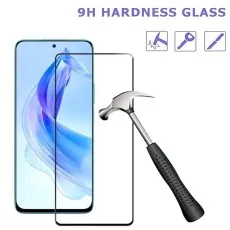 A smartphone with a 9H hardness glass screen protector, a hammer, and icons depicting scratch, key, and knife resistance