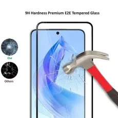 A smartphone with a screen protector, a red hammer, and cracked glass comparisons