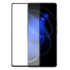 A black smartphone next to a clear screen protector, both with subtle blue light streaks