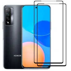 Honor Play 5T Pro smartphone with two black edge tempered glass screen protectors