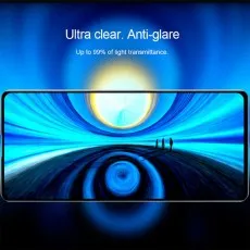 A smartphone screen displays abstract art, highlighting its ultra-clear, anti-glare features