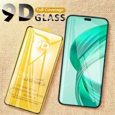 Two 9D full coverage glass screen protectors, one in yellow packaging and one on a phone