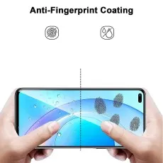 A hand touching a phone screen with a split image showing an Anti-Fingerprint Coating
