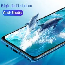 A blue smartphone displaying two dolphins jumping from water, labeled High definition and Anti-Shatte