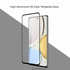 A clear tempered glass screen protector next to a smartphone, labeled High Aluminium HD Clear Tempered Glass