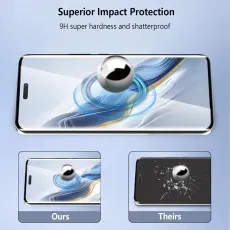 Impact-resistant 9H screen protector, showing Ours intact versus Theirs shattered from impact