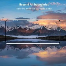 Screen protector over a landscape of snow-capped mountains reflecting in a lake at sunset