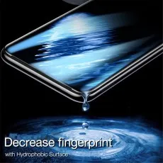 A smartphone screen with a water droplet falling off, illustrating a hydrophobic surface that resists fingerprints