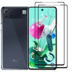 LG K92 5G smartphone with two black edge tempered glass screen protectors