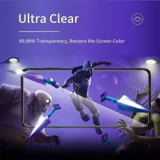 A phone screen protector demonstrating Ultra Clear clarity and 99.99% Transparency