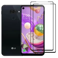 LG Q70 smartphone with two black edge tempered glass screen protectors